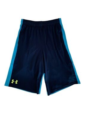 Under Armour HeatGear Shorts Boys YLG Blue UA Logo Loose Fit Basketball Gym